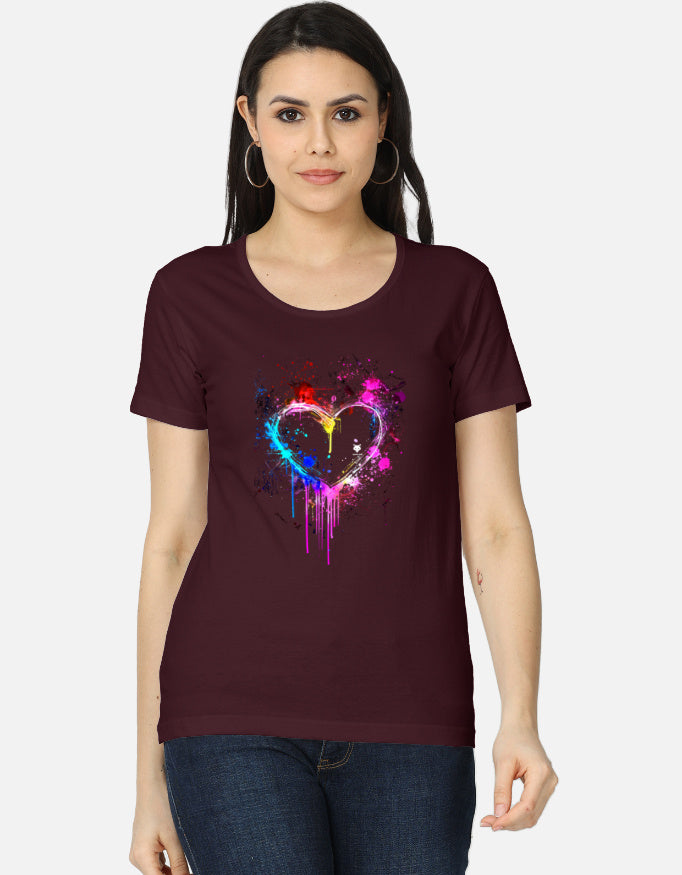 Alpha hue women's classic t-shirt in maroon with colorful heart graphic and short sleeves