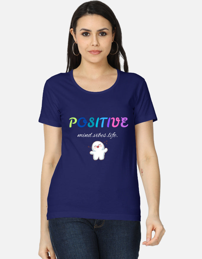Alpha hue women's classic t-shirt in navy blue with colorful positive mind vibes life graphic
