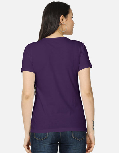 Alpha hue women's classic t-shirt in purple shown from back on woman wearing jeans