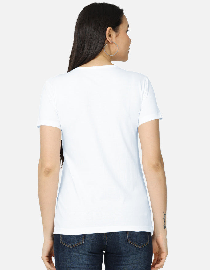 Alpha hue women's classic t-shirt in white shown from the back on a model wearing blue jeans