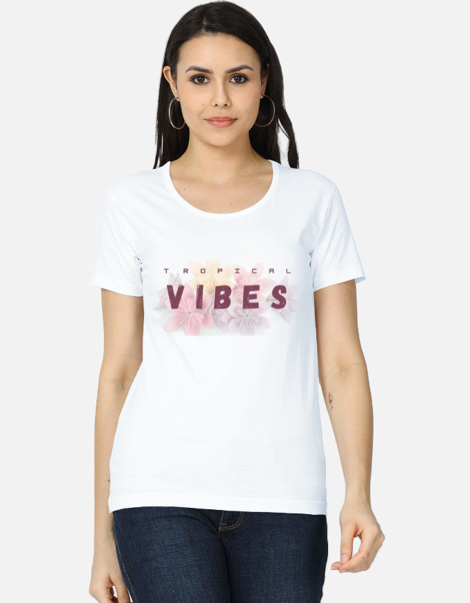 Alpha hue women's classic t-shirt in white with tropical vibes graphic and short sleeves