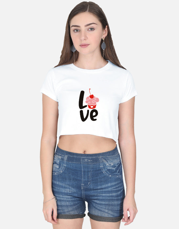 Alpha hue white women's crop top with love graphic and cherry cupcake design