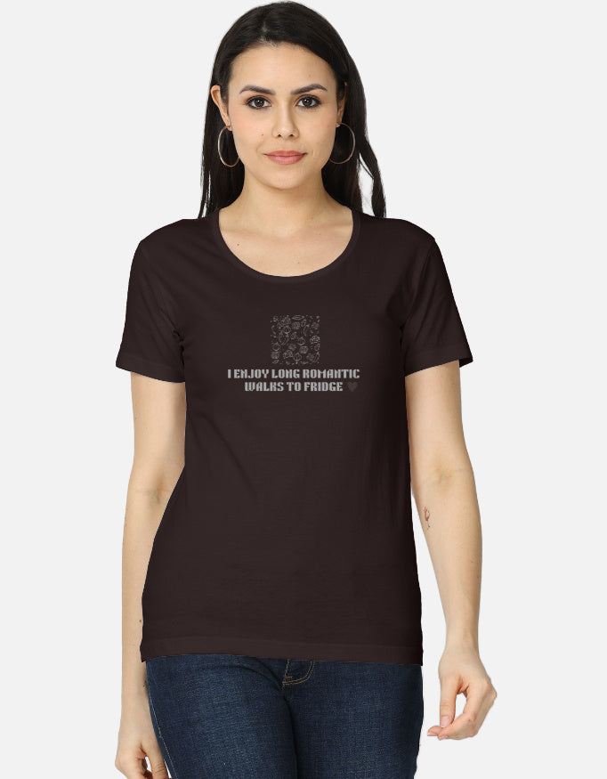 Alpha hue women's everyday wear t-shirt in black with romantic walk to fridge quote