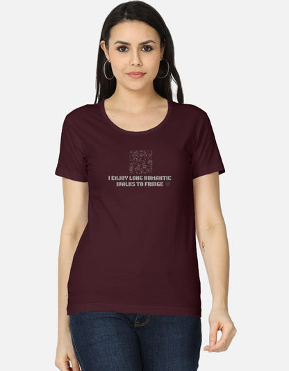 Alpha Hue women's everyday wear t-shirt in burgundy with romantic walk text design