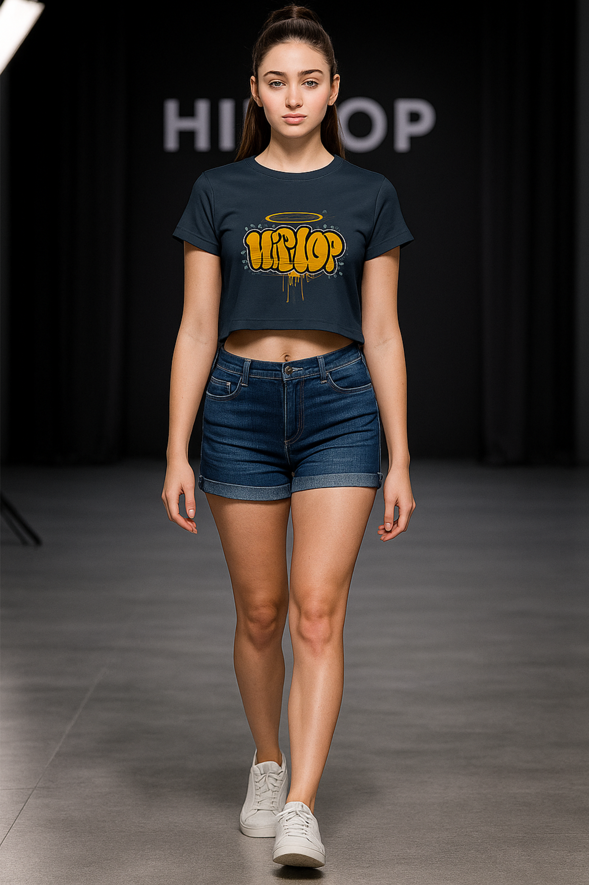 Alpha Hue women's graphic crop top in black with yellow hip hop print worn with denim shorts