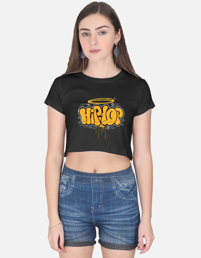 Alpha Hue women's graphic crop top in black with yellow hip hop design and short sleeves