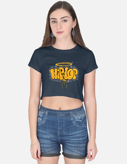Alpha hue women's graphic crop top navy blue with yellow hip hop design styled with denim shorts