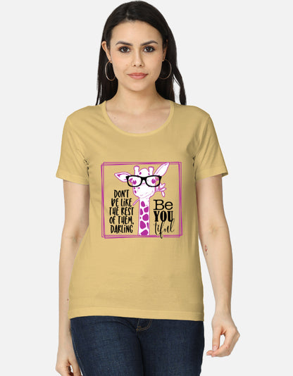 Alpha hue women's graphic t-shirt featuring a pink giraffe and motivational text design