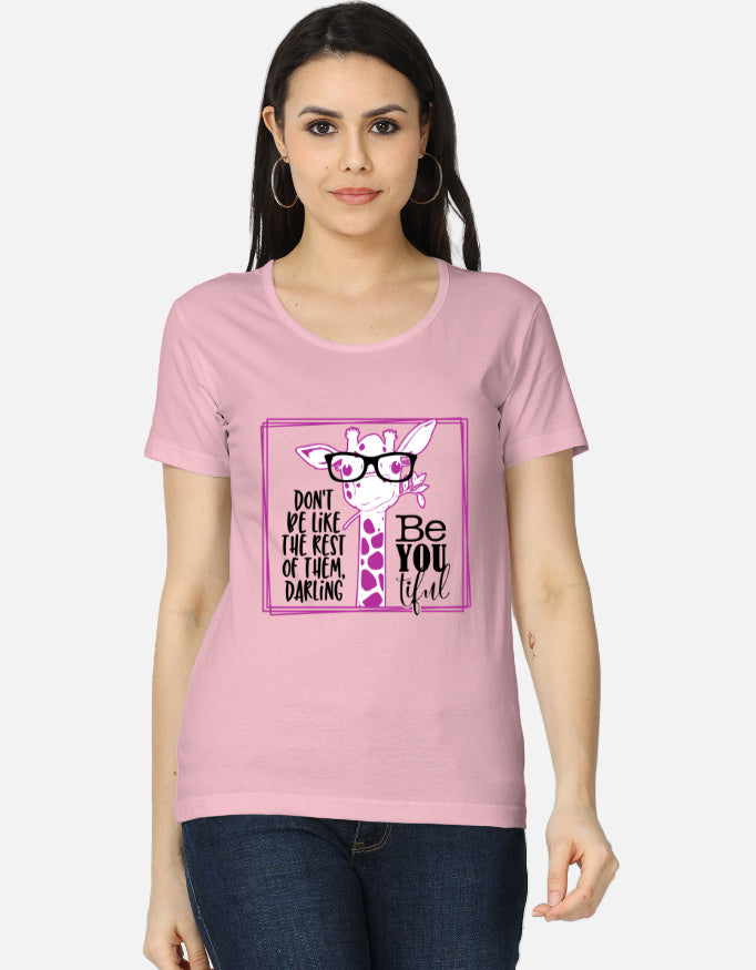 Alpha hue women's graphic t-shirt in pink with giraffe and motivational quote design