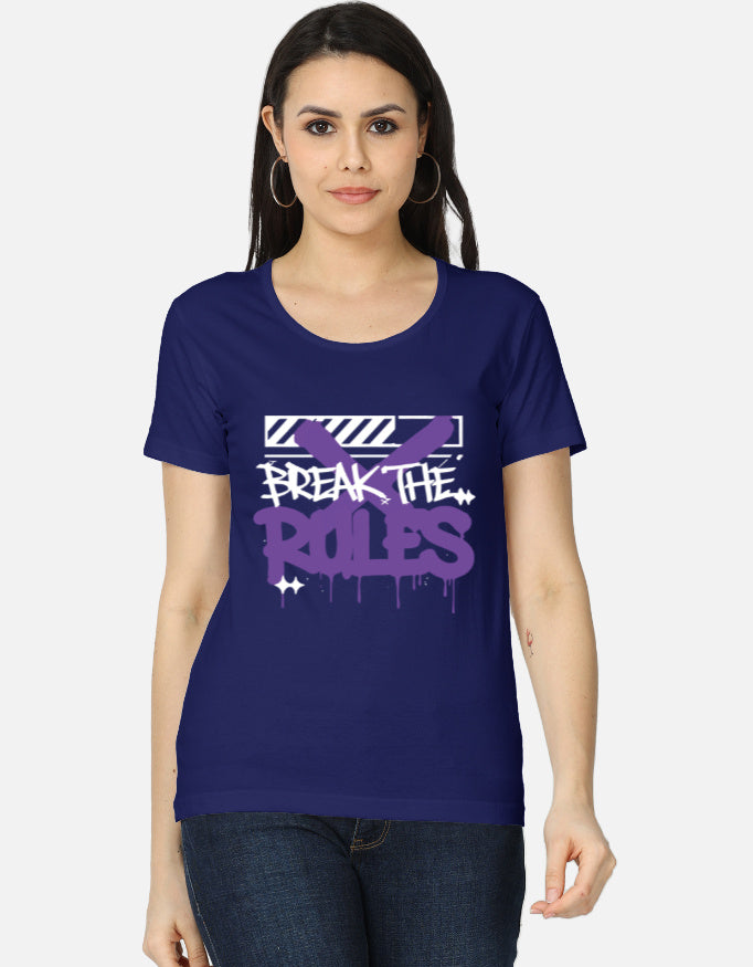 Alpha Hue women's graphic t-shirt in navy with break the rules purple and white design