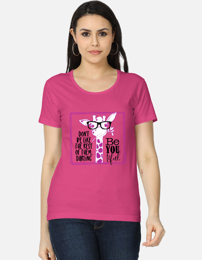 Alpha hue women's graphic t-shirt in pink with a giraffe illustration and motivational text