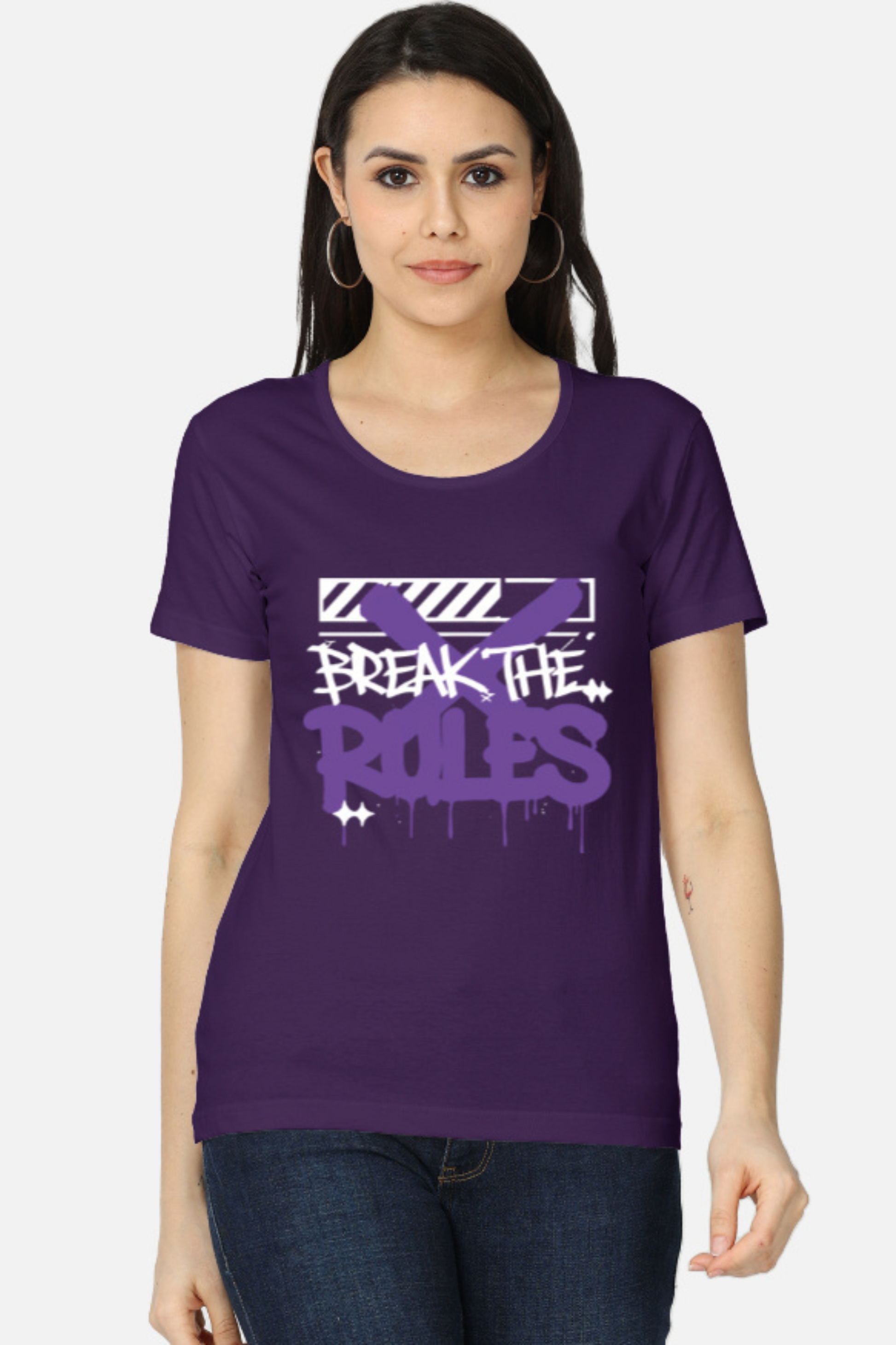 Alpha hue women's graphic t-shirt in purple with white and lavender break the rules design