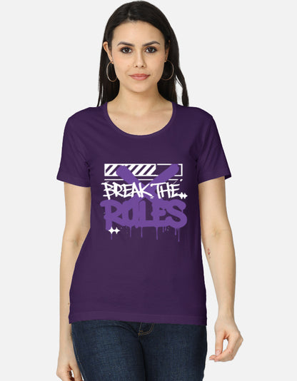 Purple women's graphic t-shirt by alpha hue with Break the Rules graffiti design