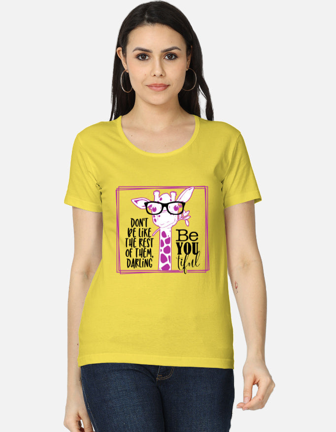 alpha hue women's graphic t-shirt yellow with pink giraffe and inspirational quote design