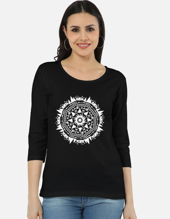 ALPHA HUE women's long sleeve tee in black with white mandala graphic design