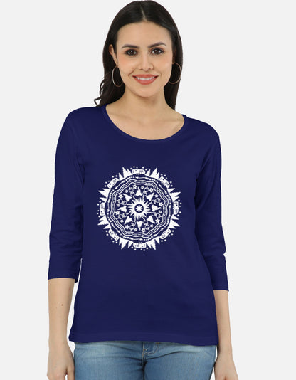 ALPHA HUE women's long sleeve tee in navy blue with white mandala design and scoop neck