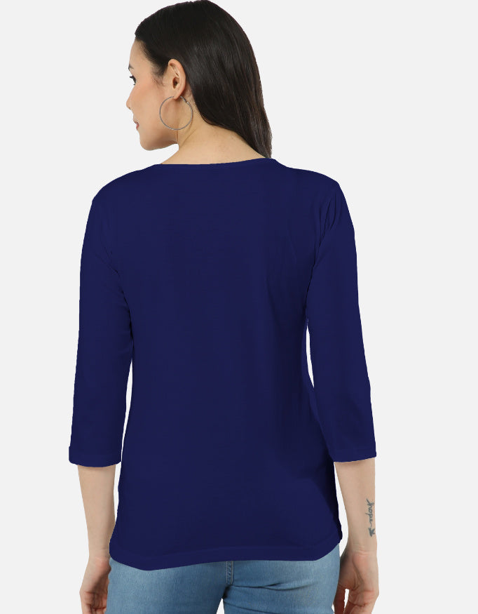 ALPHA HUE women's long sleeve tee in navy blue shown from back on a model with three-quarter sleeves