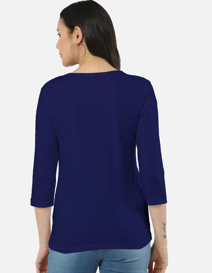 ALPHA HUE women's long sleeve tee in navy blue shown from back on a model with three-quarter sleeves