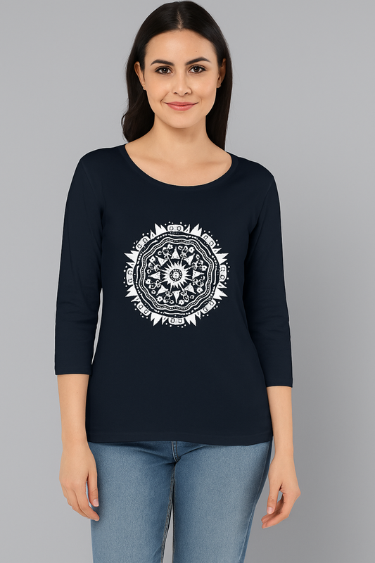 ALPHA HUE women's long sleeve tee in navy with white intricate mandala design on front
