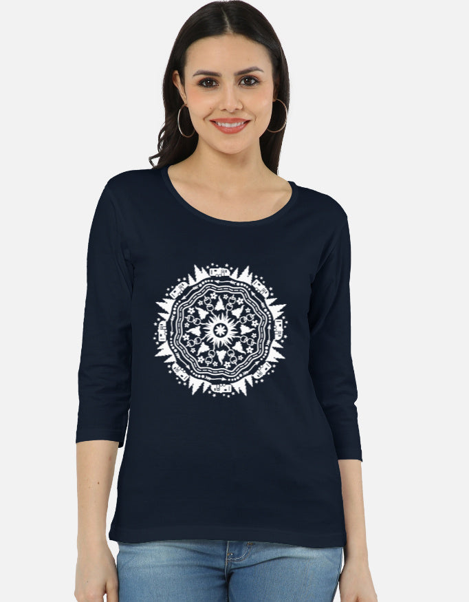 ALPHA HUE women's long sleeve tee in navy with white mandala design front