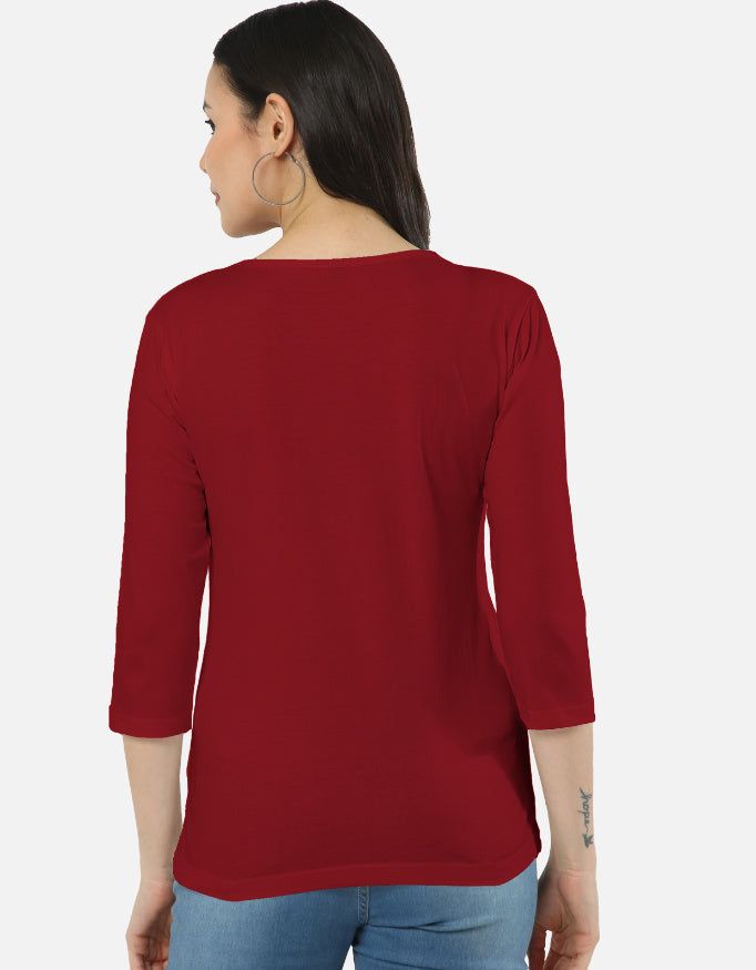 Back view of a woman wearing ALPHA HUE women's long sleeve tee in red with three-quarter sleeves