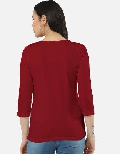Back view of a woman wearing ALPHA HUE women's long sleeve tee in red with three-quarter sleeves