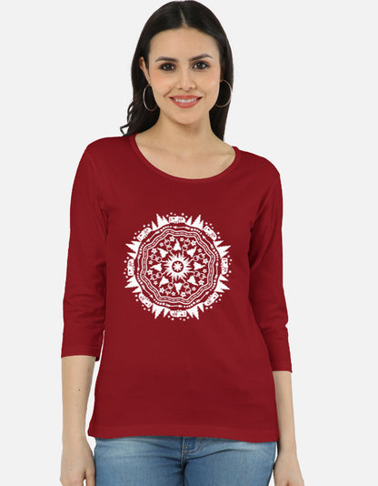 ALPHA HUE women's long sleeve tee in red with white mandala print, worn with jeans
