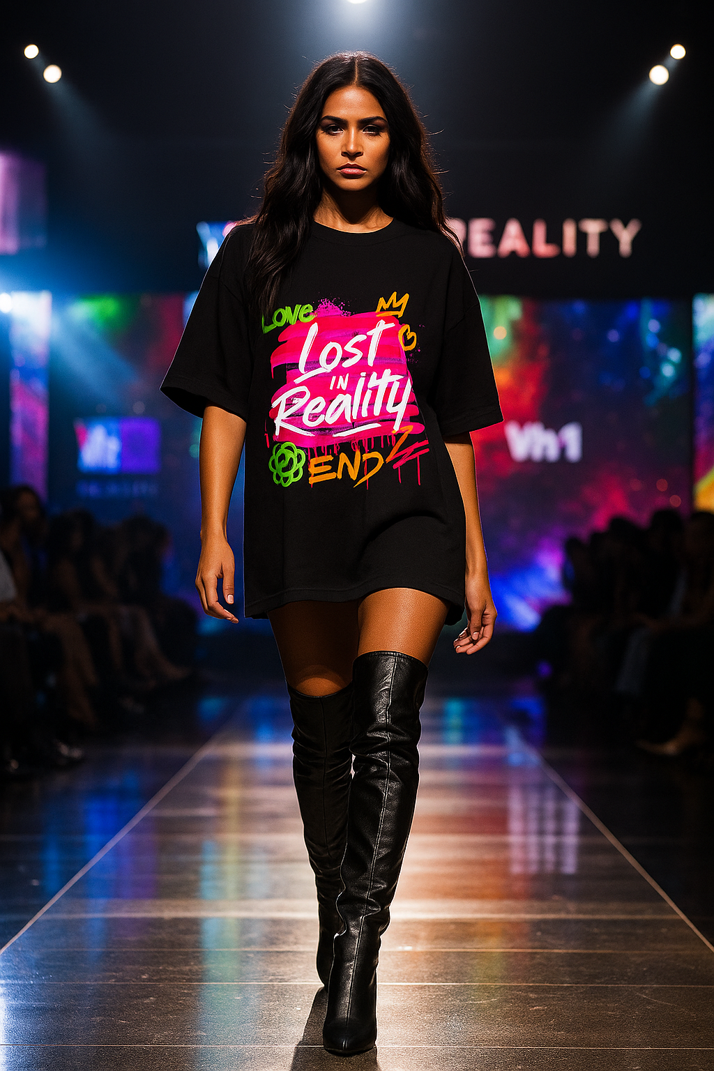 ALPHA HUE women's oversized t-shirt black with colorful Lost in Reality graphic on runway