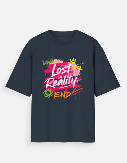 Alpha Hue women's oversized t-shirt in black with colorful graphic text design