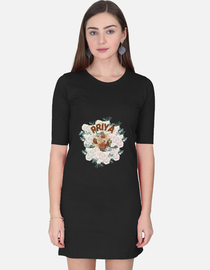 ALPHA HUE black women's t-shirt dress with PRIYA floral graphic and elbow-length sleeves
