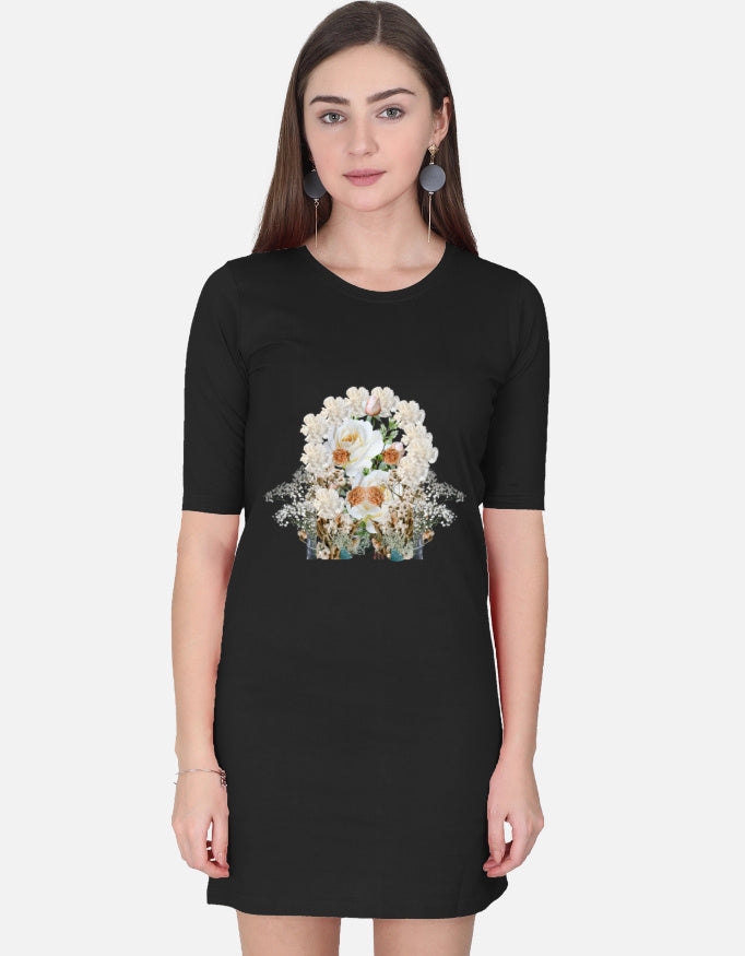 ALPHA HUE black women's t-shirt dress with half sleeves and floral graphic print on front