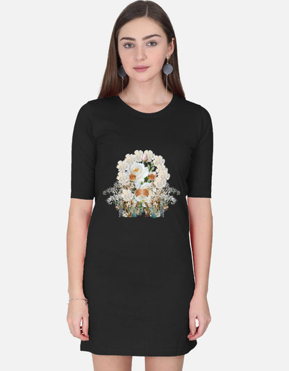 ALPHA HUE black women's t-shirt dress with half sleeves and floral graphic print on front
