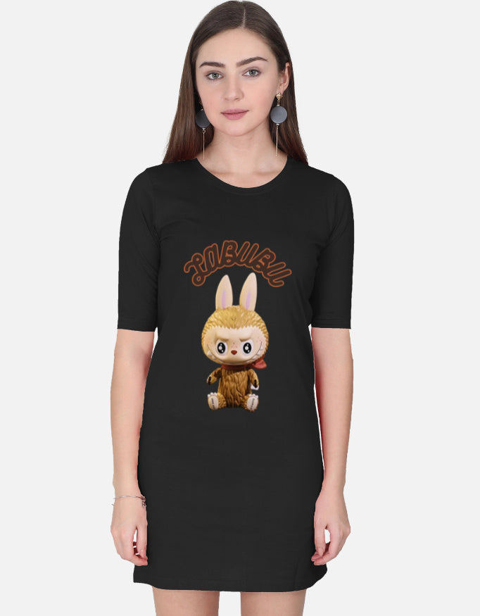 ALPHA HUE women's t-shirt dress in black featuring a cute cartoon character graphic on the front