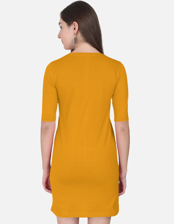 Back view of ALPHA HUE women's t-shirt dress in mustard yellow with elbow-length sleeves