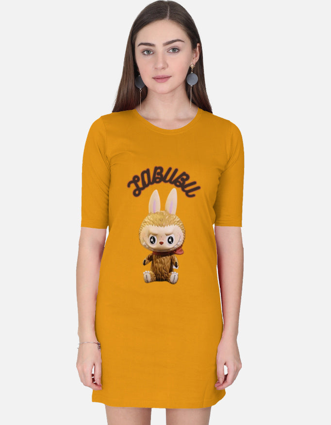 ALPHA HUE women's t-shirt dress in mustard yellow with playful cartoon bunny graphic on front