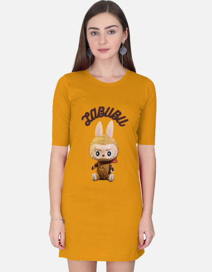 ALPHA HUE women's t-shirt dress in mustard yellow with playful cartoon bunny graphic on front