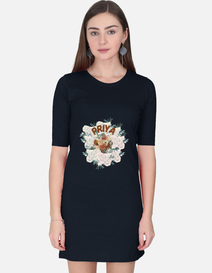 ALPHA HUE black women's t-shirt dress with floral graphic and PRIYA text design