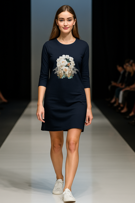 ALPHA HUE women's t-shirt dress in navy with floral graphic print and three-quarter sleeves