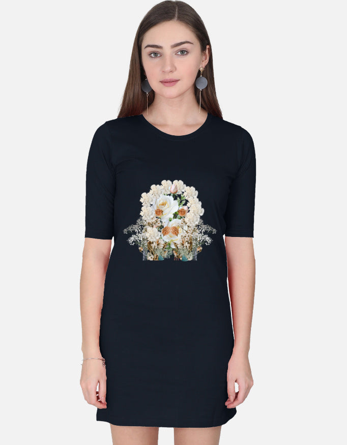 ALPHA HUE women's t-shirt dress in black with floral graphic on front worn by model
