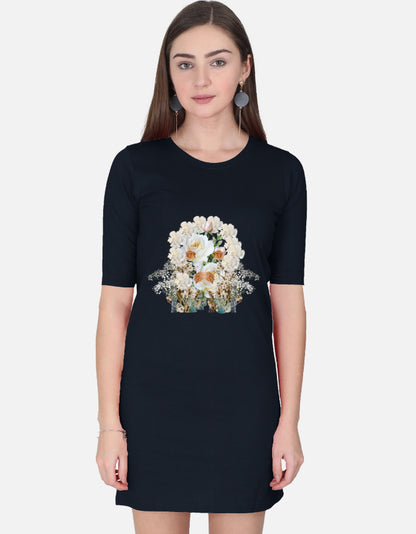 ALPHA HUE women's t-shirt dress in black with floral graphic on front worn by model