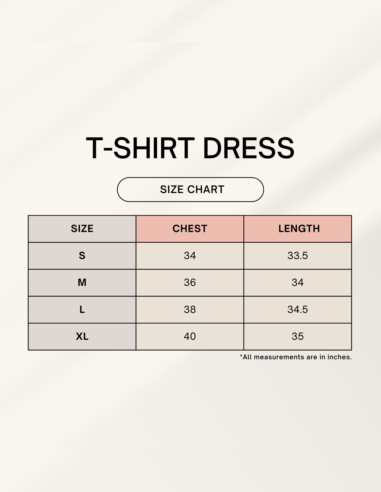 Size chart for ALPHA HUE women's t-shirt dress showing chest and length measurements in inches