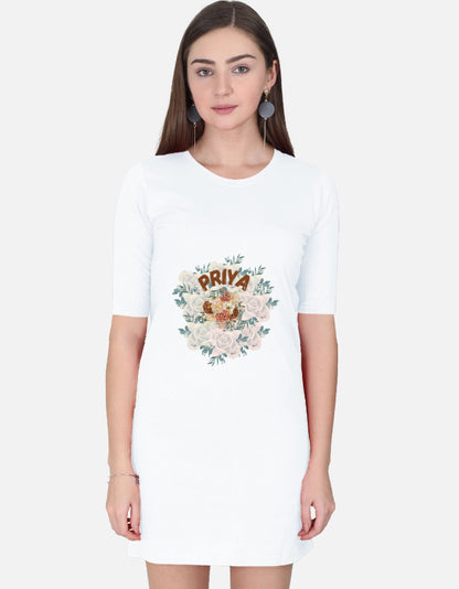 ALPHA HUE women's t-shirt dress in white with floral graphic and PRIYA text front design