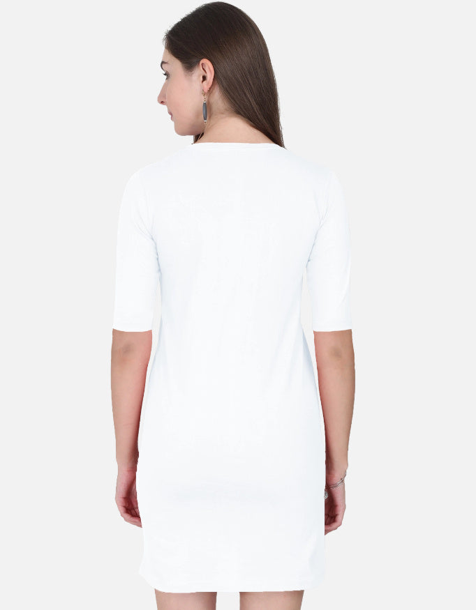 Back view of a woman wearing a plain white women's t-shirt dress from ALPHA HUE with half sleeves