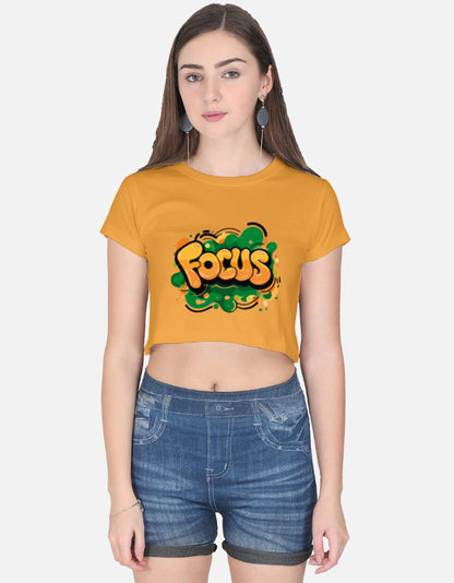 Alpha Hue yellow crop top for women with focus graphic print styled with denim shorts