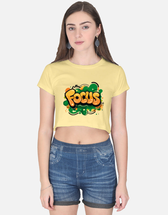 Alpha hue yellow crop top for women with colorful focus graphic worn with denim shorts